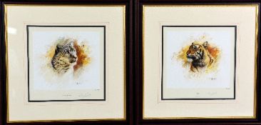 TONY FORREST, 'SNOW LEOPARD AND TIGER', a pair of limited edition prints 552/850, signed, numbered