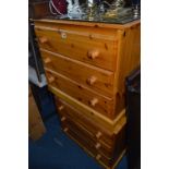 TWO PINE CHESTS, of three long drawers and seven various table lamps and a wall clock (10)