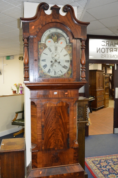 A VICTORIAN FLAME MAHOGANY LONGCASE CLOCK, 8 day movement, 12' dial, Roman numerals, seconds and