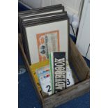 WOODEN CRATE OF FRAMED SHARE CERTIFICATES, card signs and taxi plates, together with an oak framed