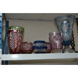 A SMALL GROUP OF FLASHED GLASS VASES, to include large blue glass vase mounted on plated base,