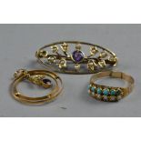 A VICTORIAN TURQUOISE AND SEED PEARL RING, ring size M, together with an Edwardian 9ct brooch and