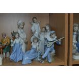 SIX NAO FIGURES/GROUP, reclining girl with bird, strumming Pierrot No 1078, girl with Dove, girl