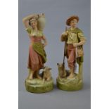 A PAIR OF ROYAL DUX FIGURES, modelled as a young shepherd (lacking crook), with sheepdog and a young