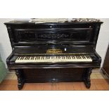 A VICTORIAN LACQUERED UPRIGHT PIANO, signed with brass inlay, Hermann Wagner, Stuttgart to inner