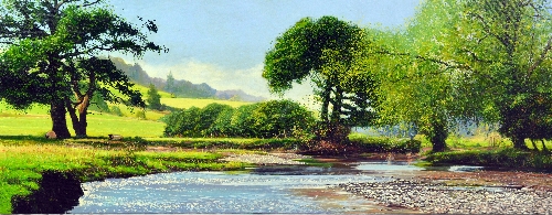 JOHN HEWSTON 'RIVERSCAPE', an original oil painting of a river scene, mounted as a box canvas,