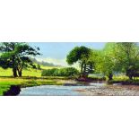 JOHN HEWSTON 'RIVERSCAPE', an original oil painting of a river scene, mounted as a box canvas,