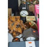 A SMALL SLATE MANTEL CLOCK (pendulum only), a cuckoo clock and four other time pieces (6)