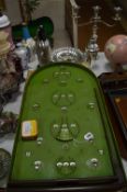 A CORINTHIAN BAGATELLE (with cardboard box and tin of balls), together with plated candelabra,