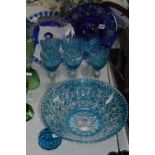 A SET OF SIX FLASHED TURQUOISE BLUE WINE GLASSES, on clear stems, similarly coloured bowl and