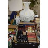 A BOX AND LOOSE SUNDRY ITEMS, to include books, ceramics (two Beswick Cygnets Nos 1686 & 1687),