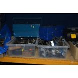 TWO TRAYS AND TWO TOOLBOXES, of automotive and electrical tools and various gauges and drills