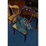 A VICTORIAN MAHOGANY SABRE LEG CHAIR, military camping bed and an marquetry inlaid wall mirror (3)