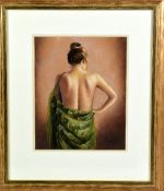 RODRIGO AN ORIGINAL PASTEL DRAWING OF A WOMAN IN A GREEN SHAWL, signed by the artist, framed in a