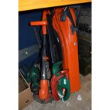 A FLYMO GARDEN BLOWER AND STRIMMER, a Qualcast hedgetrimmer and a Bosch Reciprical saw (4)