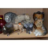 SIX VARIOUS CERAMIC ANIMALS, to include Beswick Elephant No.974, Melba Ware Lion, Bison and seated