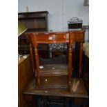 A MODERN MAHOGANY HALL TABLE, three various table lamps with shades and three modern canvas