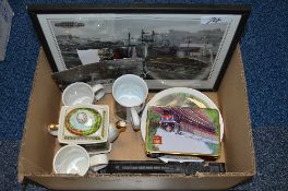 A QUANTITY OF RAILWAY RELATED CERAMICS AND PICTURES, etc, to include Sadler teapot, mugs, collectors