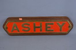 'ASHEY', A REPRODUCTION CAST BRASS LOCOMOTIVE NAMEPLATE, mounted on wooden plinth, length of plate