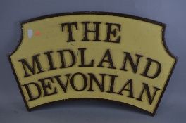THE MIDLAND DEVONIAN, a cast aluminium B.R. Style locomotive headboard, cream background with raised