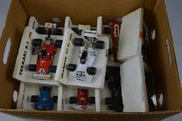 A COLLECTION OF PART BOXED POLISTIL F1 CARS AND MOTORBIKES, all date from 1970's, cars 1:25 scale,