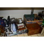 TWO BOXES AND LOOSE SUNDRY ITEMS, to include writing slope, two boxed die-cast vehicles, games,