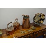 AN EARLY 20TH CENTURY COPPER SCUTTLE, with contents, Joseph Gillett copper water jug, two copper