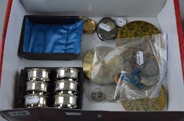 A BOX OF MISCELLANEOUS, to include three compacts, commemorative medals, coins, napkins rings etc