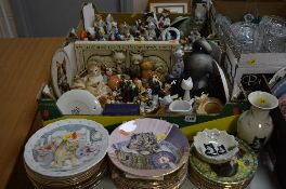 TWO BOXES AND LOOSE CAT ORNAMENTS, COLLECTORS PLATES, ETC