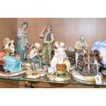 SIX CAPODIMONTE FIGURES/GROUP, to include Knife Sharpener and Fruit Seller, (some broken fruit),