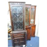 AN OAK GLAZED CORNER CUPBOARD and two modern mahogany glazed corner cupboards (two keys) (3)