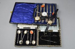 A MIXED LOT, to include boxed silver tea spoons, silver handled butter knives, two watches, pocket