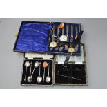 A MIXED LOT, to include boxed silver tea spoons, silver handled butter knives, two watches, pocket