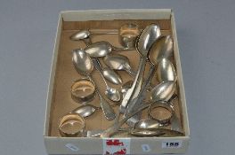 A BOX OF ASSORTED SILVER SPOONS, various dates 1792, 1845, etc, together with three napkin rings,