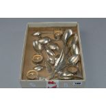 A BOX OF ASSORTED SILVER SPOONS, various dates 1792, 1845, etc, together with three napkin rings,