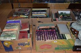 FIVE BOXES OF VARIOUS BOOKS to include Giles cartoons, Jean Plaidy, history, gardening etc