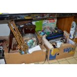 THREE BOXES AND LOOSE SUNDRY ITEMS, to include cutlery, Indian Tourist items, dvd's, stool,