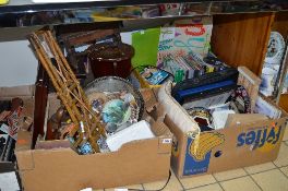 THREE BOXES AND LOOSE SUNDRY ITEMS, to include cutlery, Indian Tourist items, dvd's, stool,