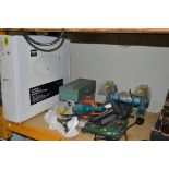 A CLARKE BENCH GRINDER, a Bosch drill, a Black and Decker planer and heat gun, a sander and a