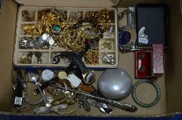 BOX OF MISCELLANEOUS COSTUME JEWELLERY, to include mixed watches, necklace, etc