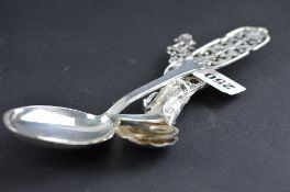 SIX DANISH SILVER MIXED SPOONS, and a larger serving spoon, approximate weight 156 grams
