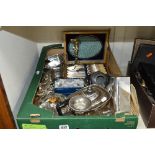 A BOX OF MIXED PLATED WARE, to include teapot, cream jug, jug and bowl, cigarette case, clock, etc