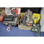 A BOX OF POWER TOOLS, a Black and Decker planer, a hedge cutter, a 110v transformer, (spares and
