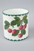 A WEMYSS POTTERY CYLINDRICAL POT, decorated with fruiting cherry branches, painted mark to base,