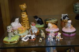 VARIOUS CAT TRINKET BOXES AND ORNAMENTS, to include two Halcyon Days bonbonnieres 'Sleepy Pussy-Cat'