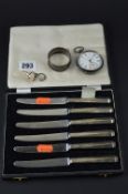 A BOXED SET OF SILVER HANDLED DESSERT KNIVES, silver napkin ring, cufflinks and silver pocket watch