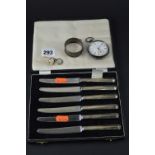 A BOXED SET OF SILVER HANDLED DESSERT KNIVES, silver napkin ring, cufflinks and silver pocket watch