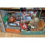 THREE BOXES AND LOOSE SUNDRY ITEMS, to include boxed Edison Giocattoli 'Olympic Rifle', boxed