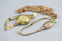 A 9CT LADIES WRISTWATCH with another and yellow metal chain (3)