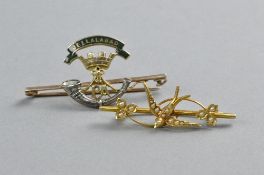 TWO 9CT BROOCHES, one swallow set with seed pearls, the other military (Jellalabad), approximate